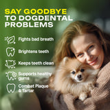 Woman holding a small dog with text about dental care products on a green background