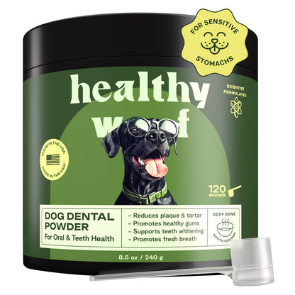 Dog dental powder container with a black dog on the label, featuring green and black colors.