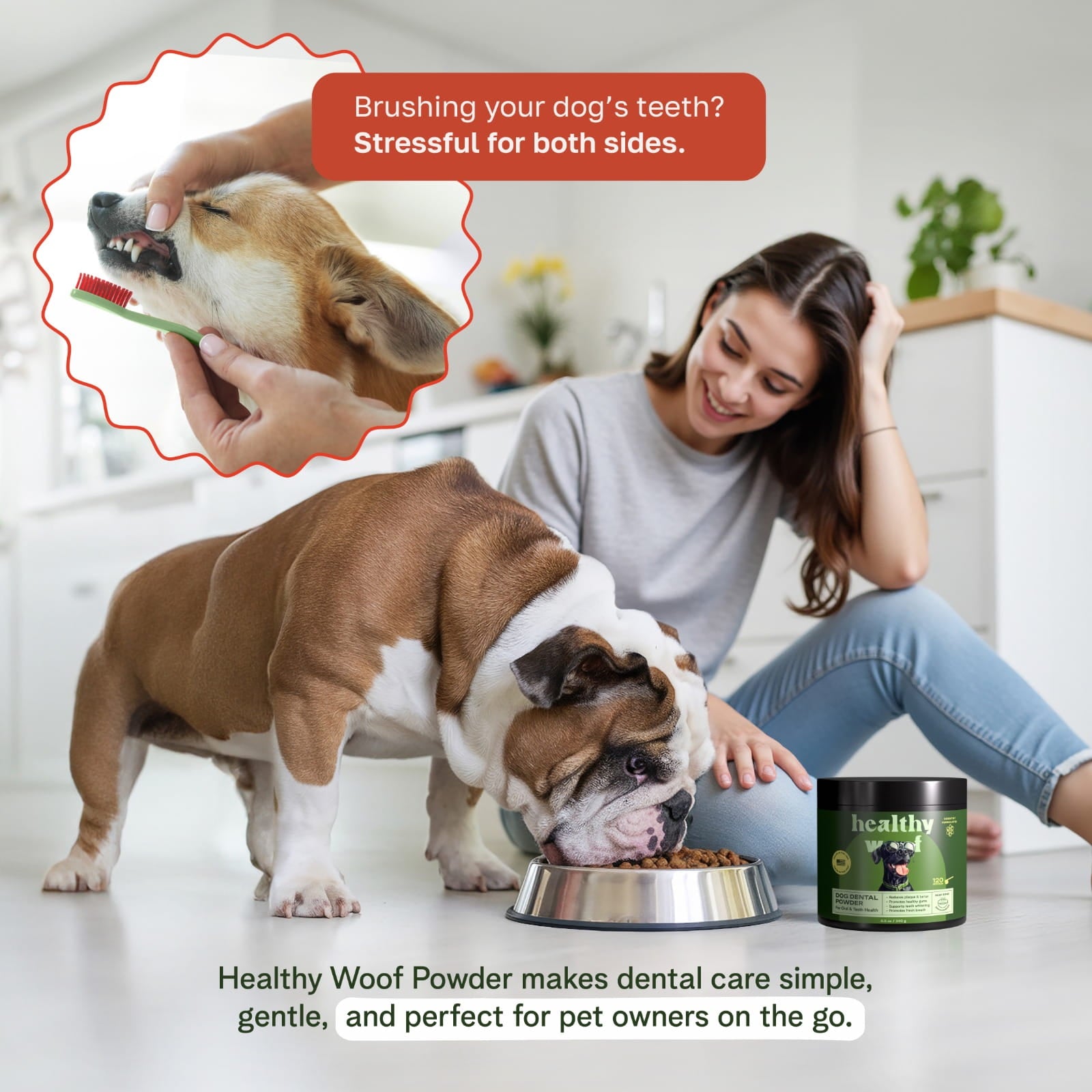 Woman with a dog eating from a bowl, with a product container labeled 'Healthy Woof Powder' in the foreground.