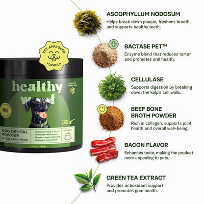 Dog dental powder packaging with ingredients listed on a white background