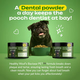 Dog with a bowl of food and dental powder containers on a green background, promoting a dental powder product for dogs.