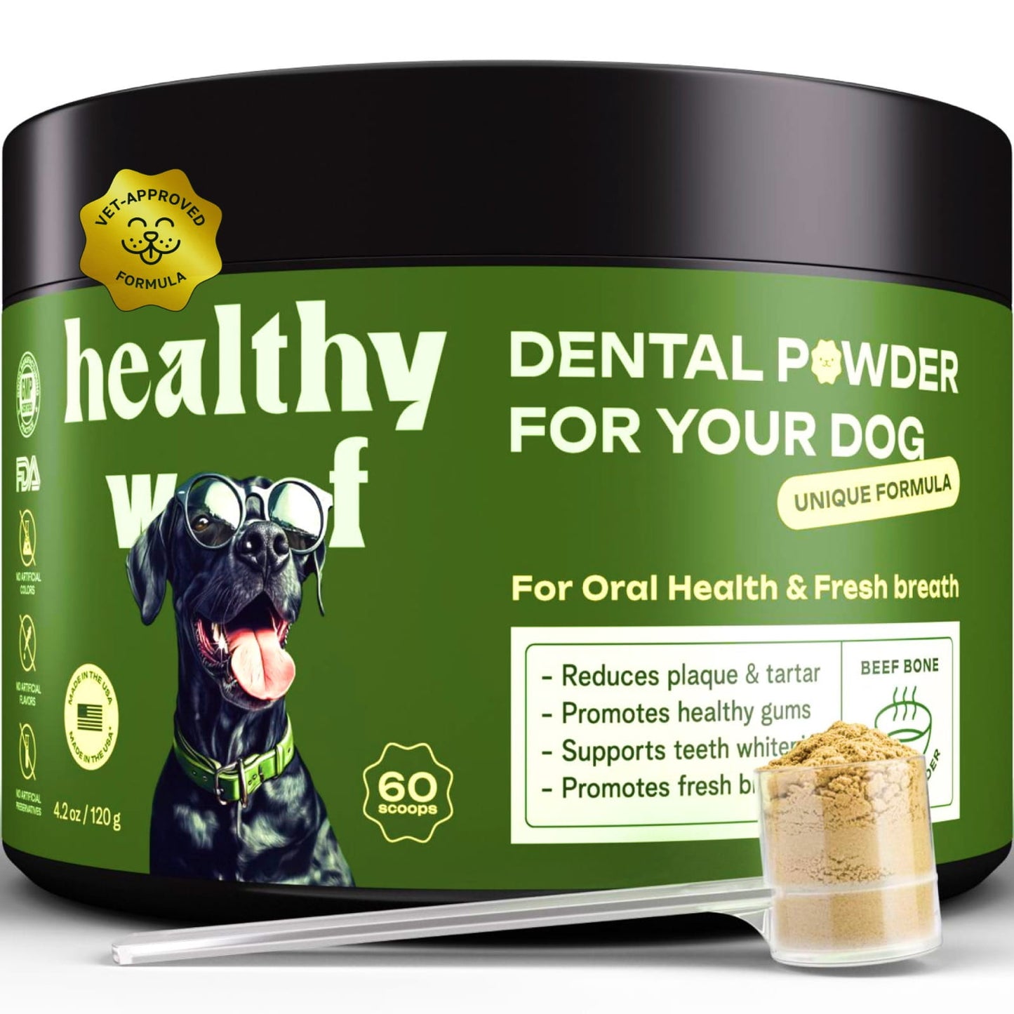 Container of 'Healthy Wolf' dental powder for dogs with a dog wearing glasses on the label.