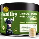 Container of 'Healthy Wolf' dental powder for dogs with a dog wearing glasses on the label.