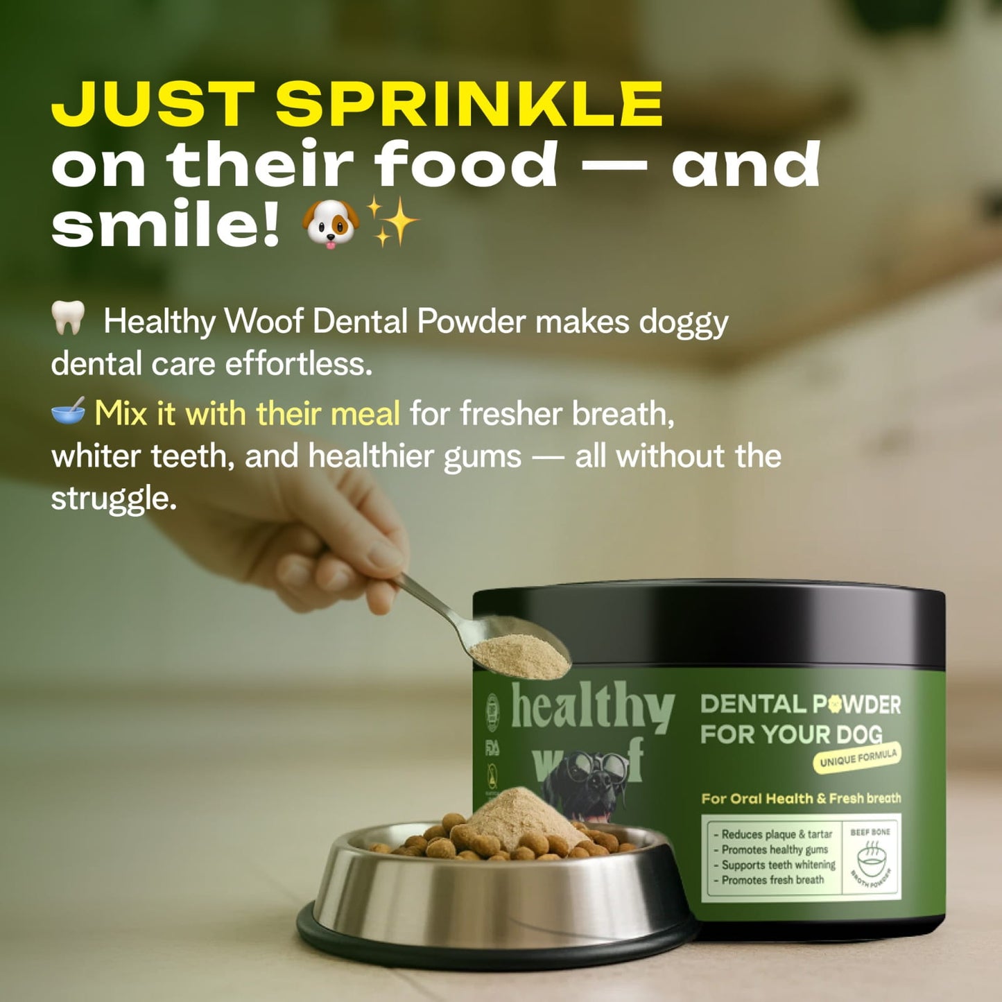 Dental powder for dogs with a spoon and bowl of food, promoting ease of use and health benefits.