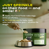 Dental powder for dogs with a spoon and bowl of food, promoting ease of use and health benefits.