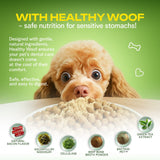 Dog eating from a bowl of food with 'Healthy Woof' branding and text about safe nutrition for sensitive stomachs.