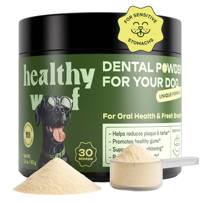 Dental powder for dogs with a container, powder, and scoop on a white background