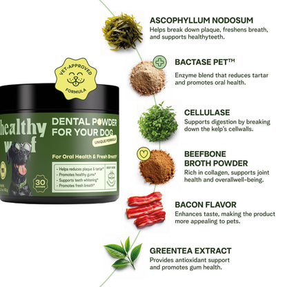 Dental powder for dogs with ingredients listed on a white background