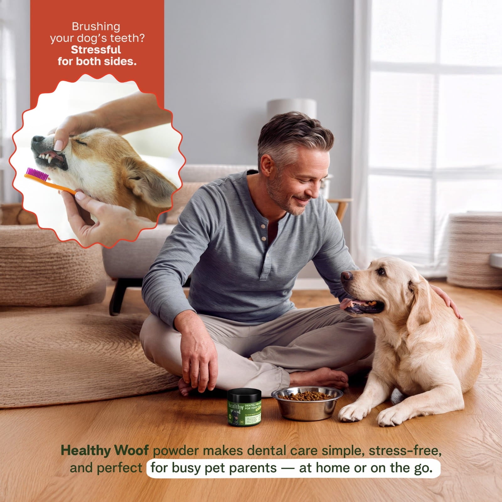 Man sitting on the floor with a dog, using a product to brush the dog's teeth.