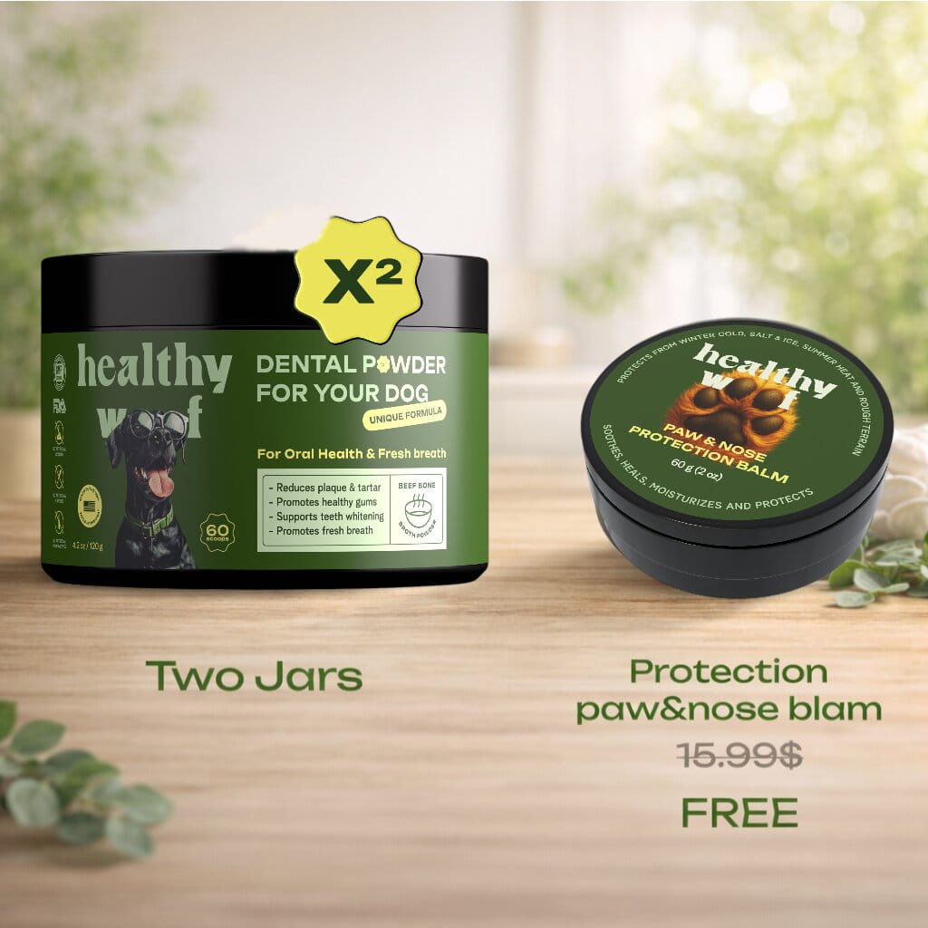Two green jars labeled 'healthy wolf' on a wooden surface with a blurred natural background.