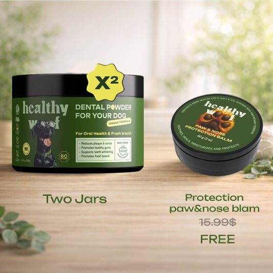 Two green jars labeled 'healthy wolf' on a wooden surface with a blurred natural background.